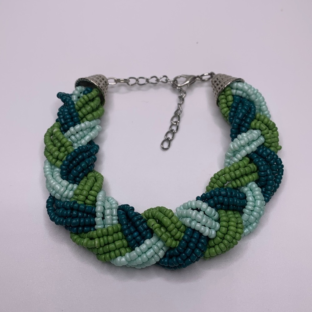 Silver Tone Braided Seed Bead Bracelet Green‎ Blue 7.5” - 9.5”